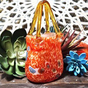 Studio Art Glass Purse Vase Décor. Orange with Multi Color Millefiori Pattern.